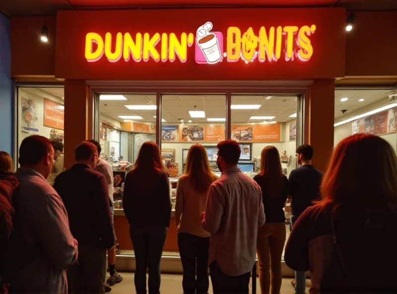 A Dunkin' Donuts store front with people lined up to order.