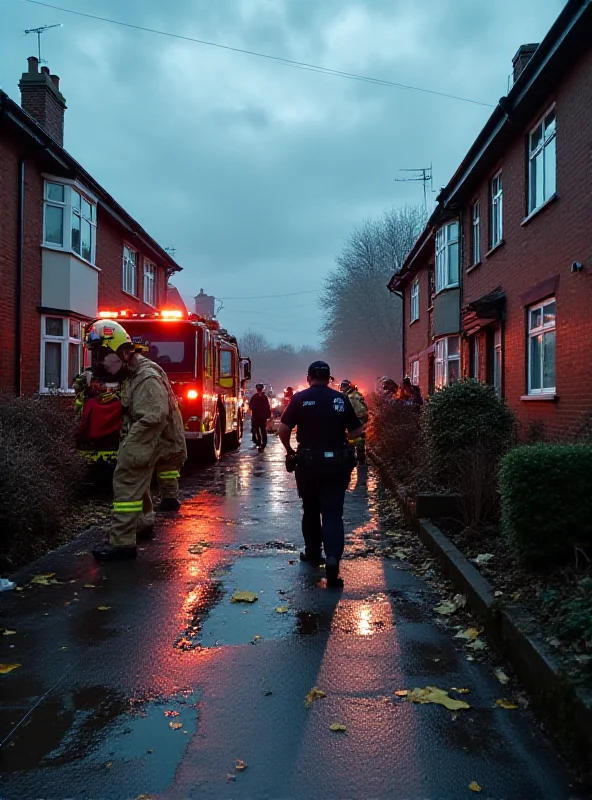 Emergency responders at the scene of a gas leak in a residential area, with houses in the background.