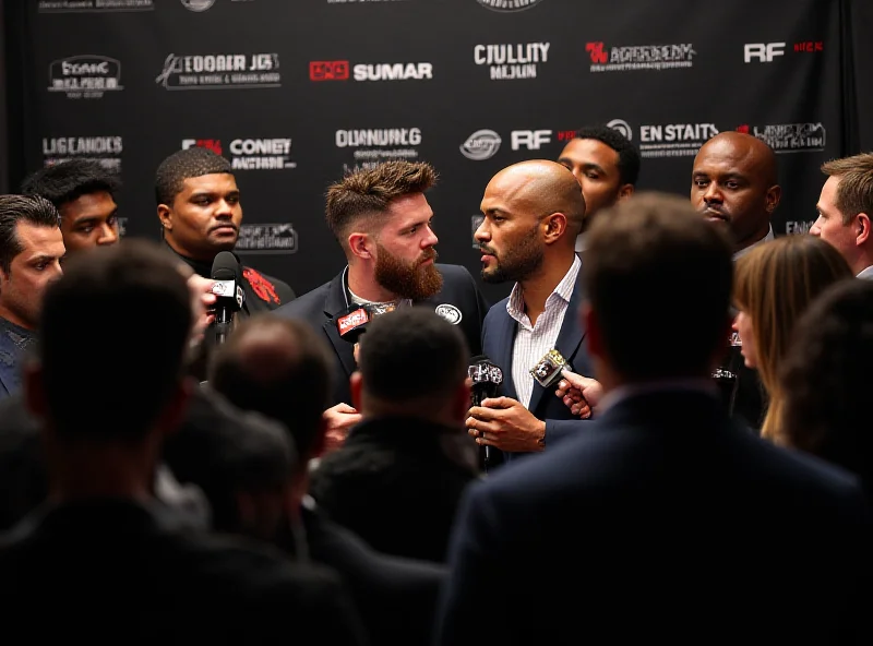 A wide shot of the media conference showing Chris Eubank Jr. and Conor Benn surrounded by reporters and security.