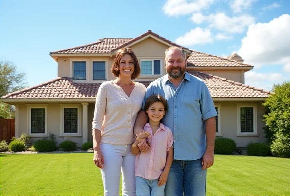 A family smiling happily in front of their house.