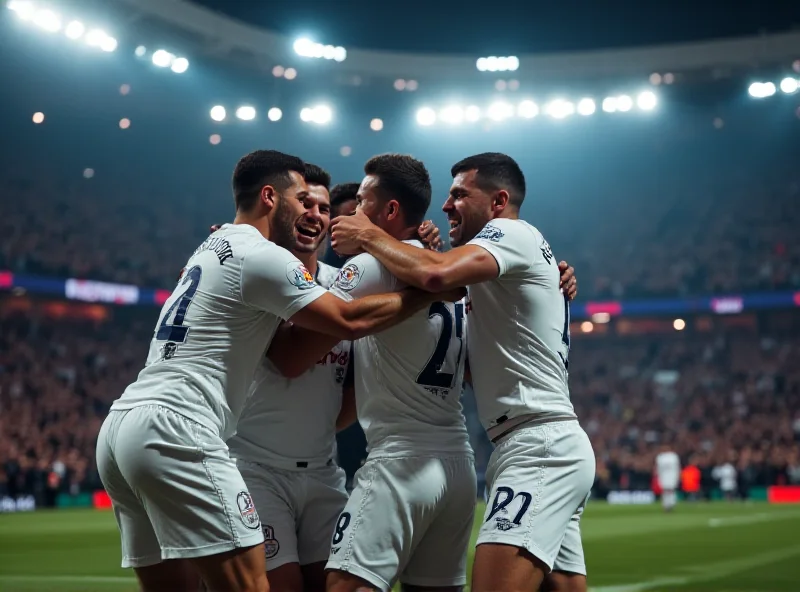 Image of Tottenham Hotspur players celebrating a goal in a Europa League match.