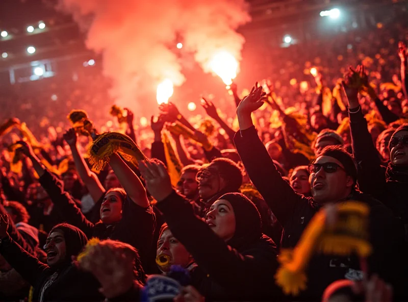 Image of fans holding up scarves and banners at a Fenerbahce Europa League game.