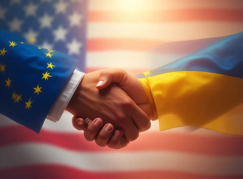 Illustration of European and Ukrainian flags shaking hands against a backdrop of the US flag.