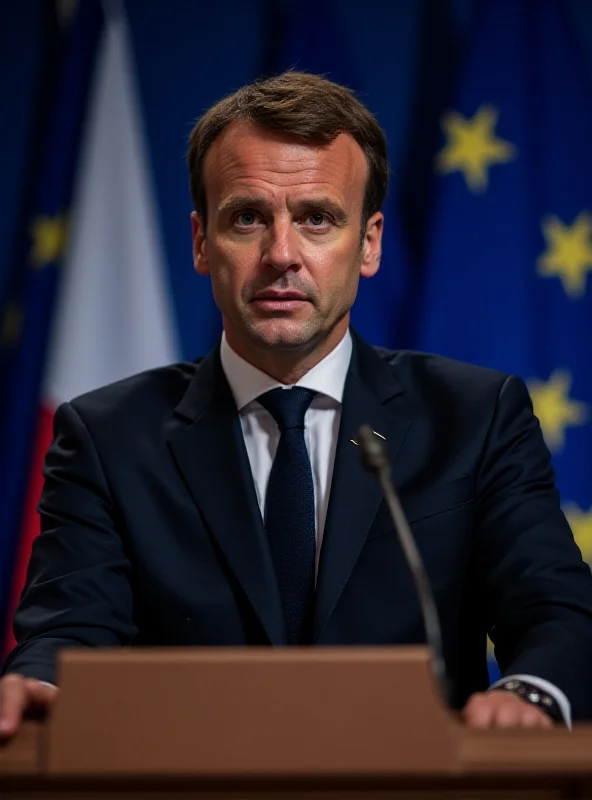 Emmanuel Macron speaking at a podium with European flags in the background.