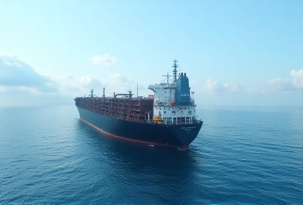 Oil tanker ship at sea, with the US Navy ship in the background