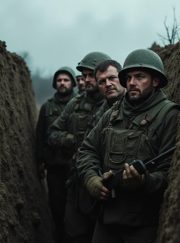 A group of Ukrainian soldiers standing in a trench, looking determined and holding rifles. Smoke and debris fill the background, suggesting a recent battle.