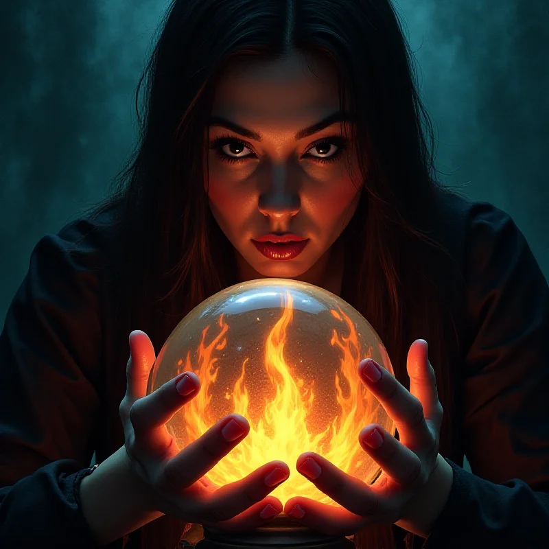 A dramatic, stylized image of a clairvoyant looking into a crystal ball with flames reflected in it.