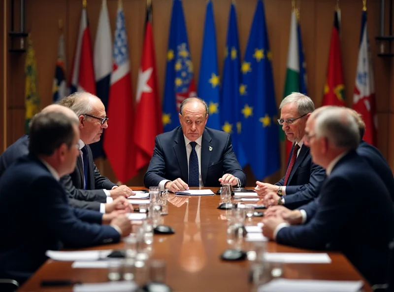 Image of EU leaders in a meeting, discussing defense strategy and Ukraine support.