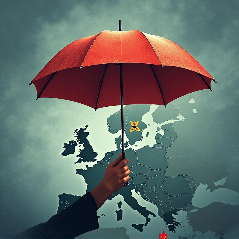 Image of a symbolic nuclear umbrella over Europe, representing France's potential extension of nuclear protection.