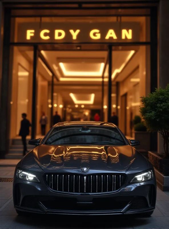 A luxury car parked in front of a modern five-star hotel. Focus is on the car and hotel, with blurred figures in the background.