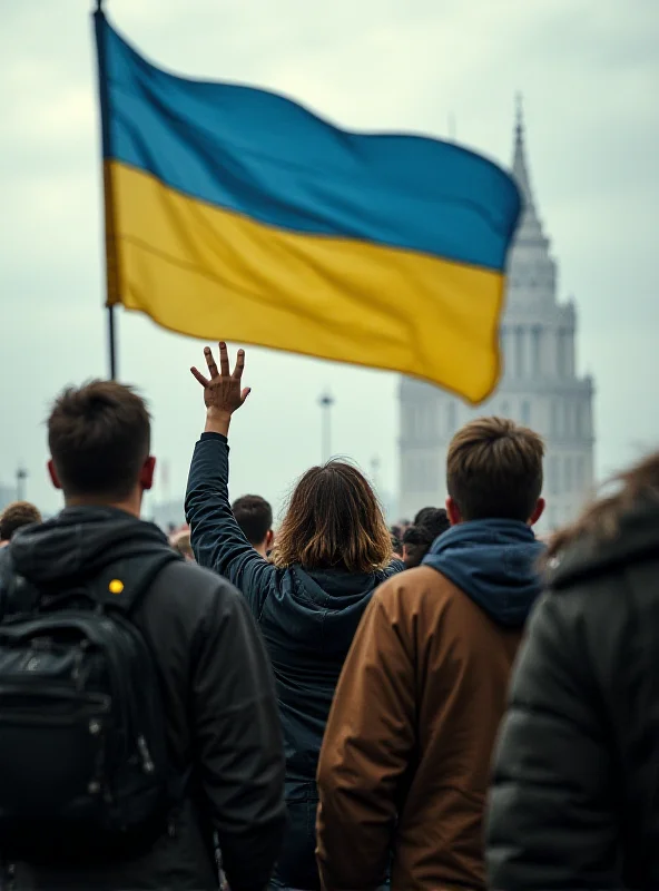 A group of Ukrainian citizens holding their national flag, demonstrating resilience and patriotism in the face of conflict.