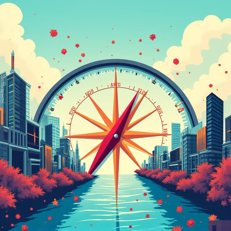 A digital illustration of a compass pointing towards the word 'Europe', set against a backdrop of interconnected cityscapes, representing the interconnectedness and future direction of the continent.