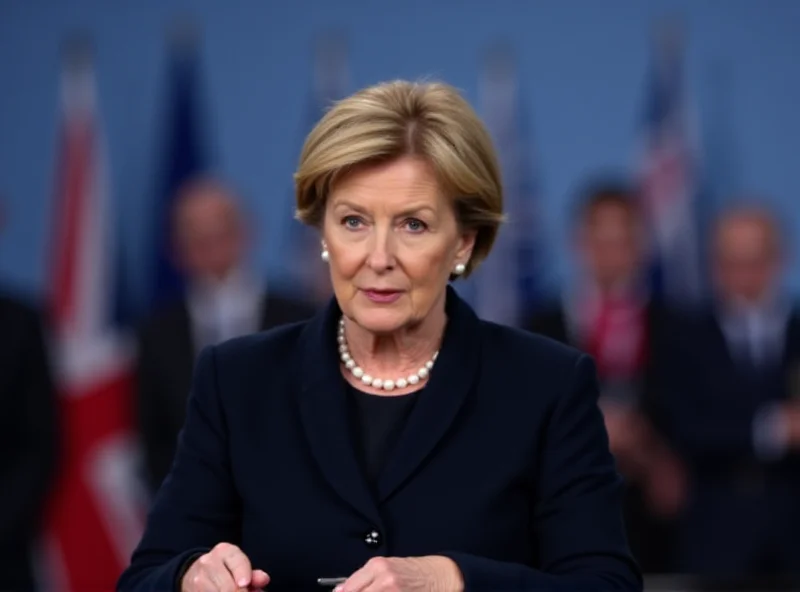 Ursula von der Leyen speaking at a podium in Brussels