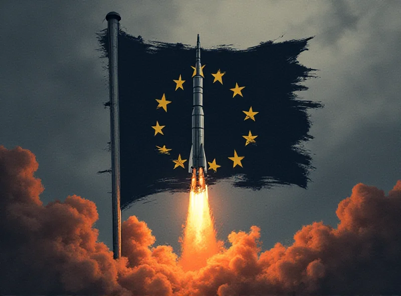 Illustration of a nuclear missile launching against a European flag background.