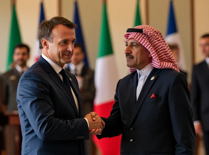 Emmanuel Macron shaking hands with an Algerian official in Algiers