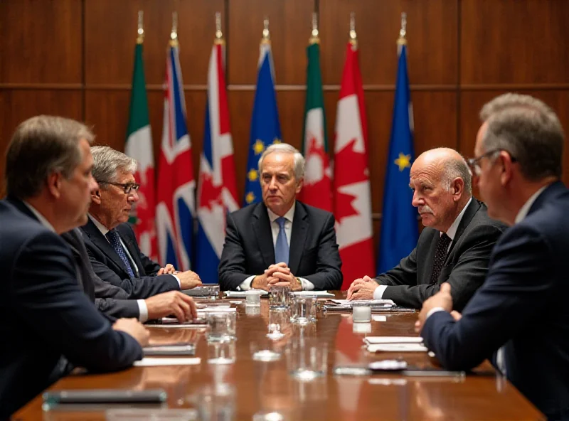 European leaders in a conference room, serious expressions, flags of different countries in the background.