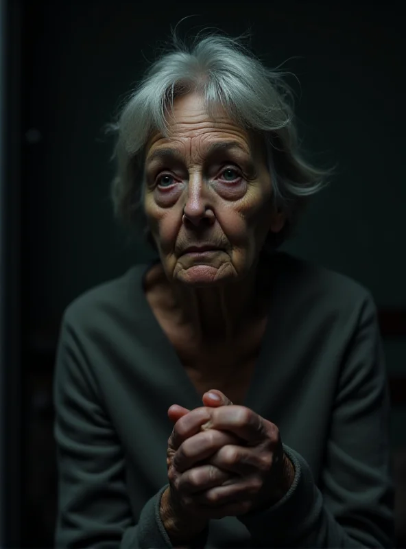 A concerned elderly woman sitting alone in a dimly lit room, looking worried and vulnerable.