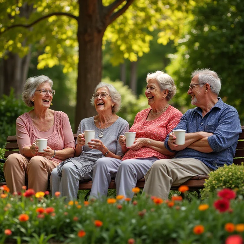 A group of happy older adults laughing and enjoying each other's company in a sunny park.