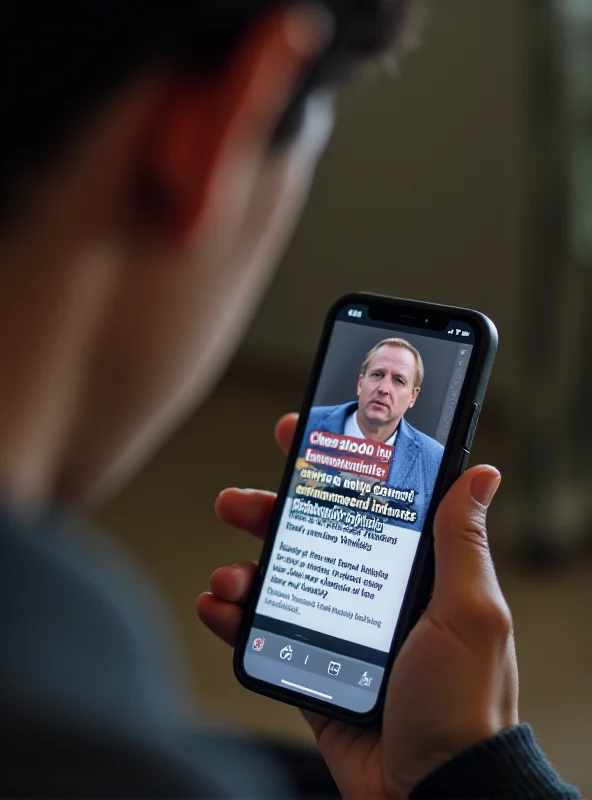 A worried person looking at a phone with a fake news article on it