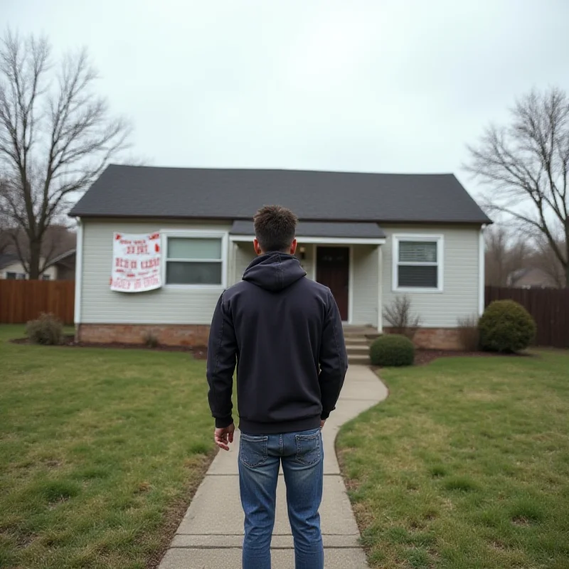 A single person looking sadly at a for sale sign in front of a house