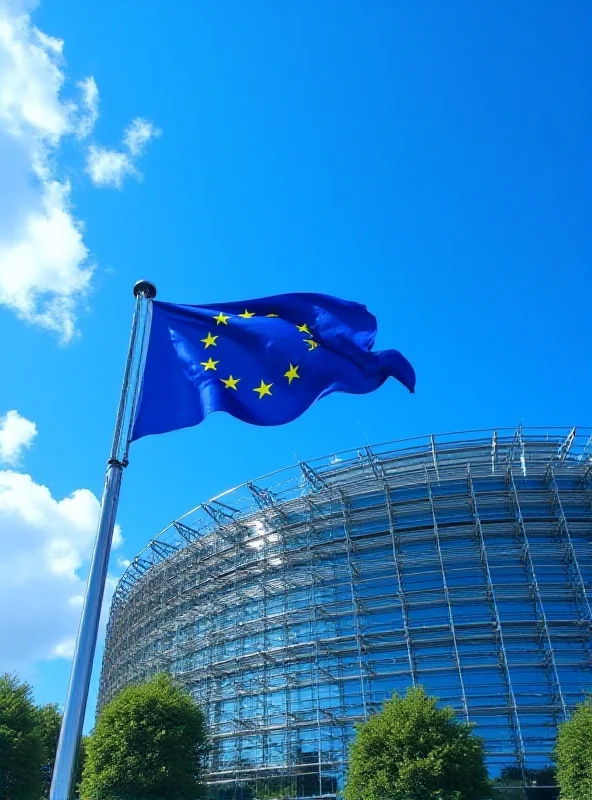 European Parliament building in Brussels, with a focus on the EU flag.