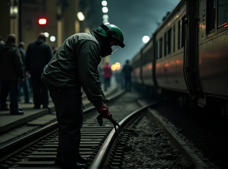 A bomb disposal expert carefully examining a World War II-era bomb in a busy train station.