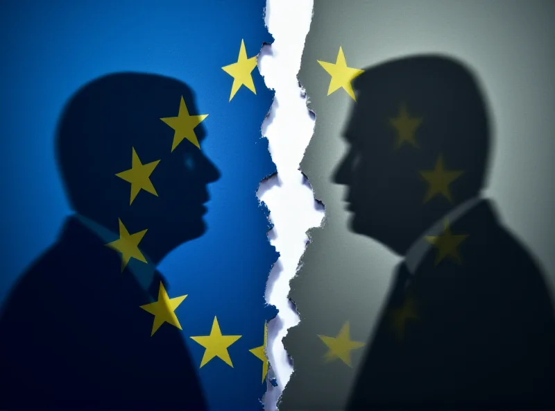 A split EU flag with shadows of politicians arguing in the background.