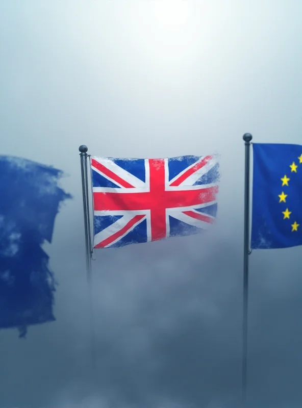 A digital painting of the UK flag emerging from a fog of uncertainty surrounding European Union flags.