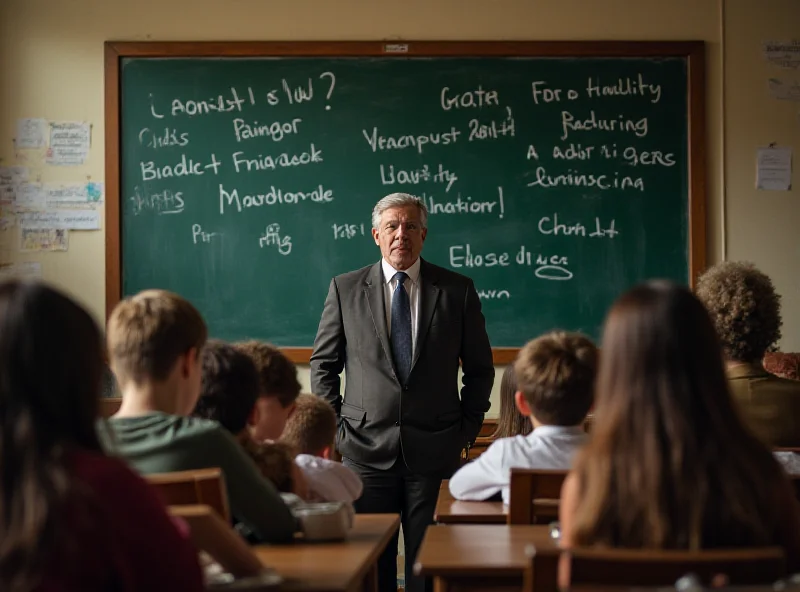 Classroom scene with students looking at a teacher in front of a blackboard with political symbols.