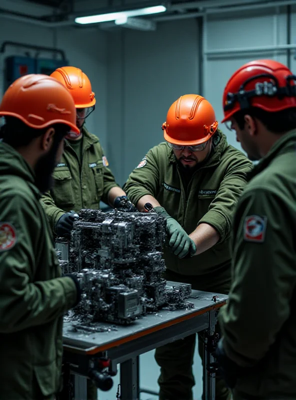 A group of engineers and technicians working on a complex piece of military equipment, illustrating the skilled labor needed in the defense industry.