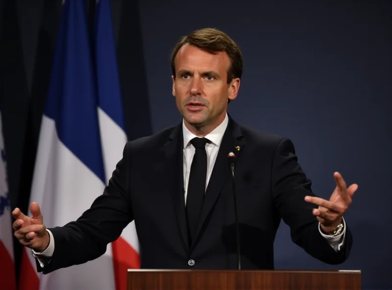 Emmanuel Macron speaking at a podium with the French flag in the background