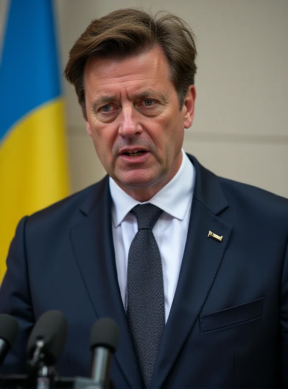 Volodymyr Zelensky giving a press conference in front of a Ukrainian flag