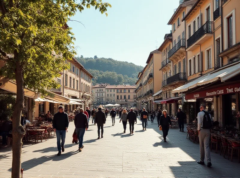 A bustling public square in a European city with people conversing and walking around