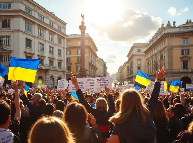 People gathered at a sit-in in Rome, holding Ukrainian flags and signs in support of Ukraine.