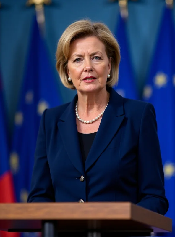 Ursula von der Leyen giving a speech at a podium with EU flags in the background.