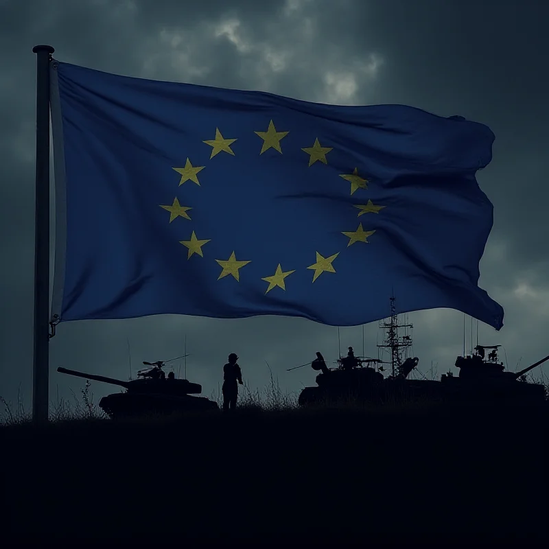 A symbolic image of a European flag with military equipment silhouetted against it.