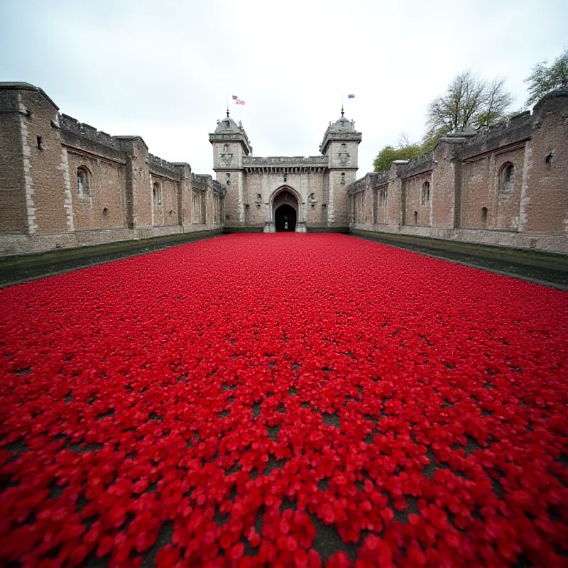 The Tower of London moat filled with ceramic poppies.