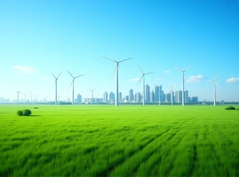 Image of a wind turbine farm with a city skyline in the background