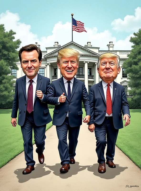 A political cartoon depicting Zelensky, Macron, and Starmer walking together towards the White House.