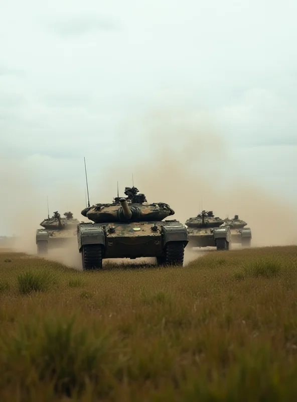 A line of tanks moving across a field during a military exercise.