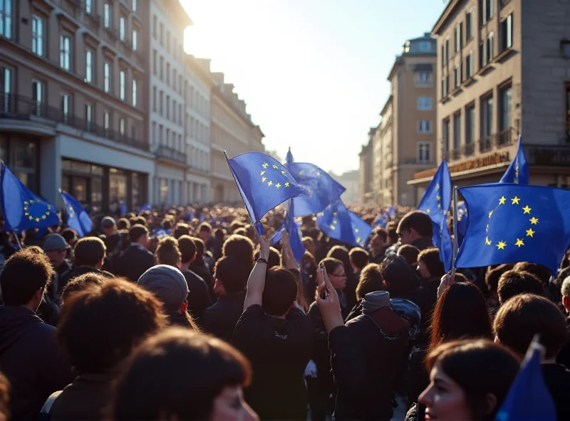 A crowd of people holding European Union flags in a city square during a demonstration.