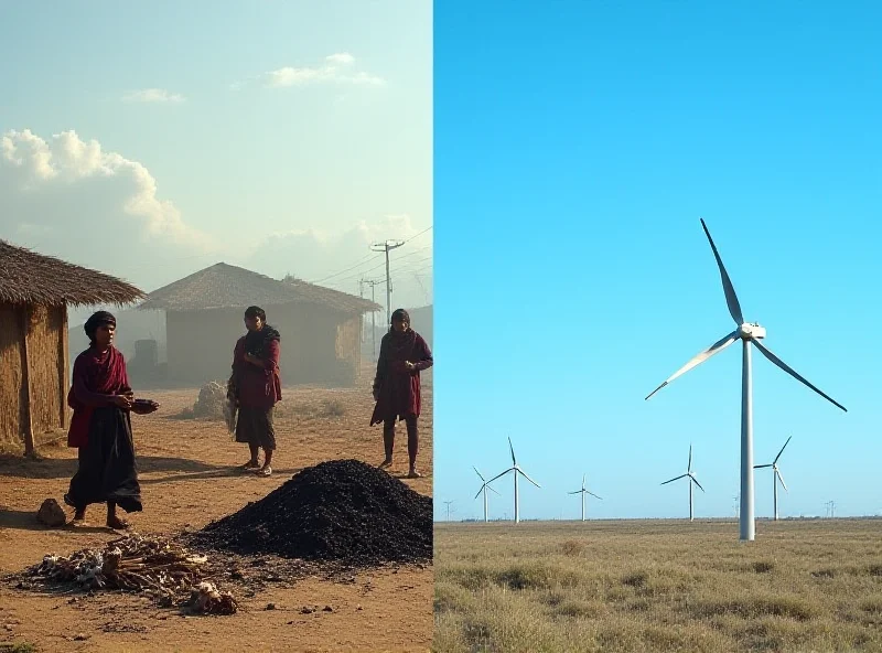 Illustration of global energy disparity with modern wind turbines in the foreground and traditional coal burning in the background.