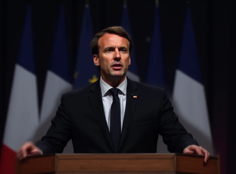 French President Macron giving a speech at a podium with the French flag behind him.