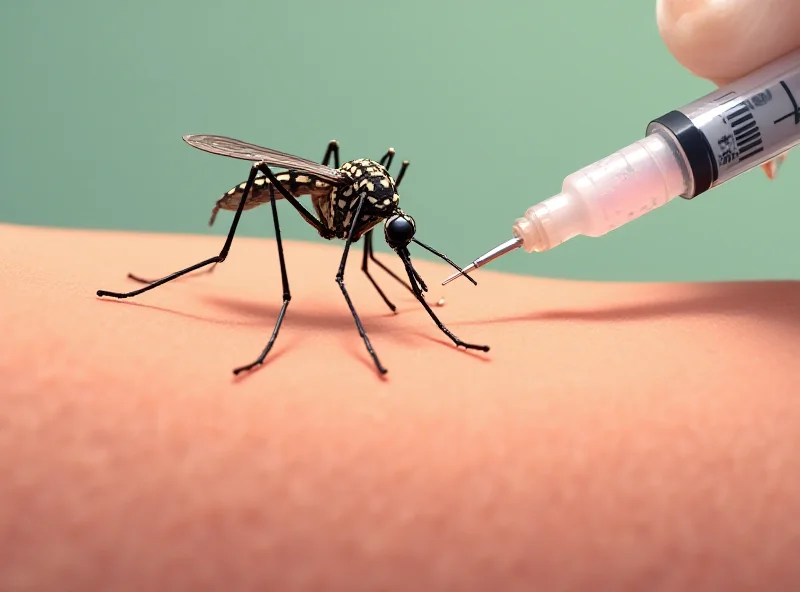 A mosquito biting human skin with a syringe and vaccine vial nearby