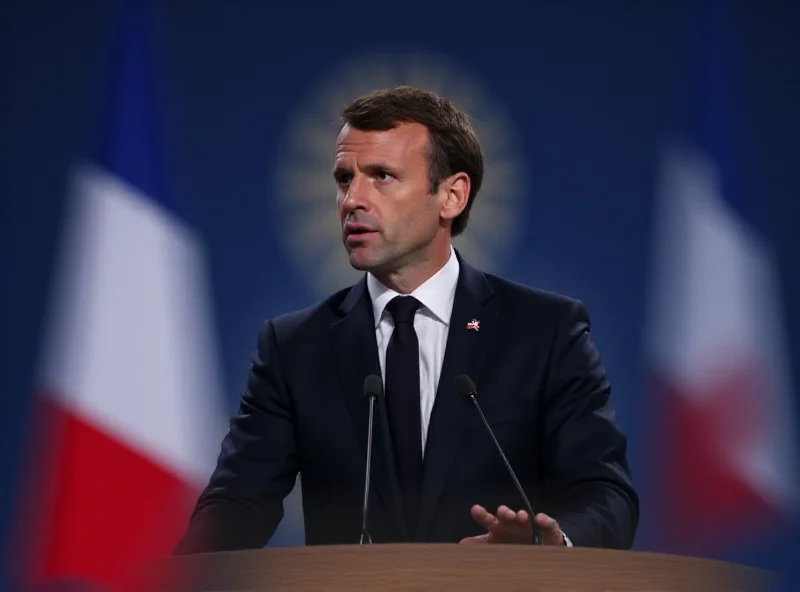 Emmanuel Macron speaking at a podium with the French flag behind him.