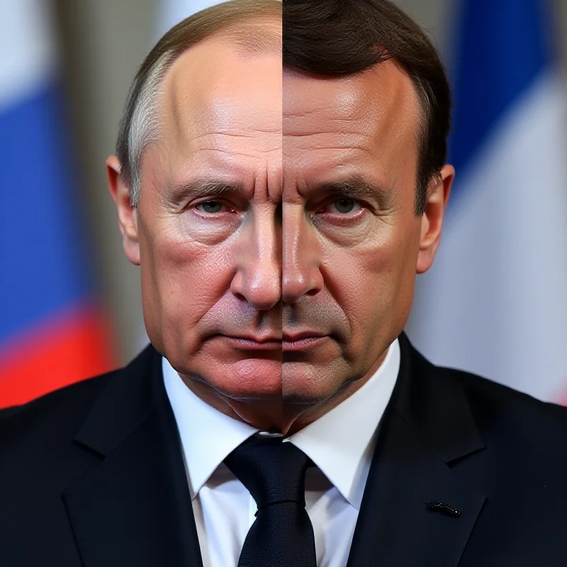 A split image showing Vladimir Putin on one side and Emmanuel Macron on the other, both looking serious.