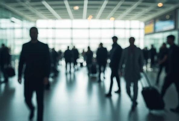 Blurred image of people walking in an airport or train station, symbolizing migration