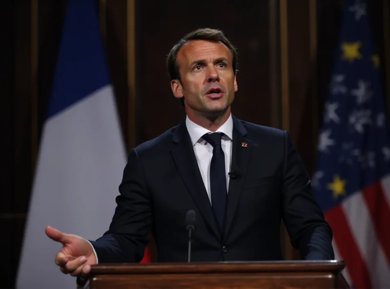 Emmanuel Macron speaking at a podium in front of the French flag, serious expression.