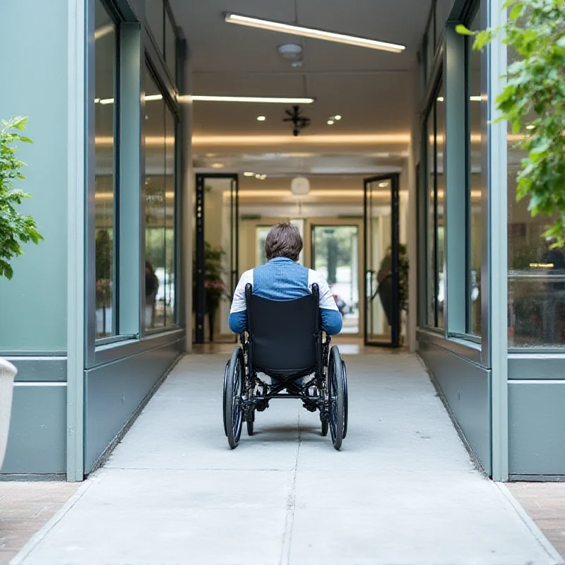 A person in a wheelchair using a ramp to enter a building, symbolizing accessibility.