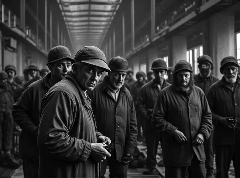 A black and white photograph of forced laborers during World War II, working in a factory setting.